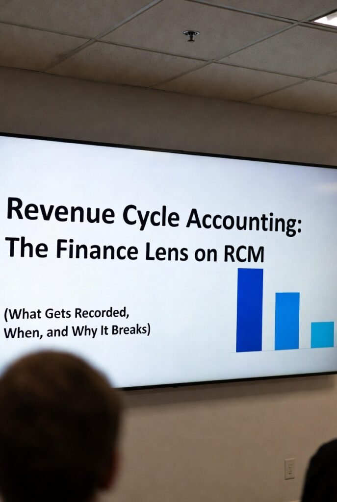 Revenue cycle accounting in healthcare showing net revenue, accounts receivable, cash collections, and write-offs
