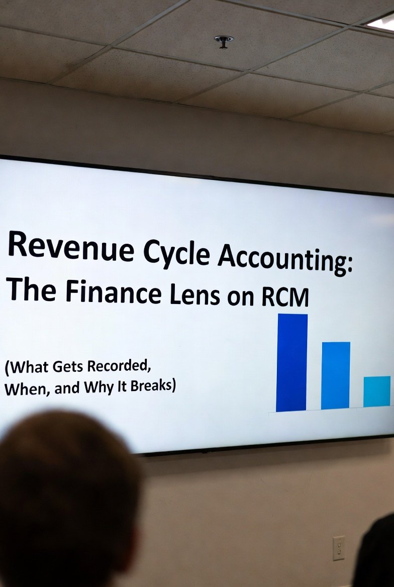 Revenue cycle accounting in healthcare showing net revenue, accounts receivable, cash collections, and write-offs