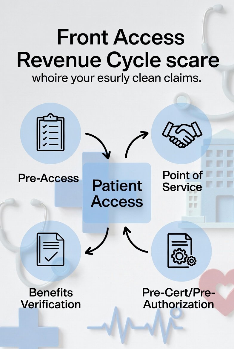 Front-end revenue cycle showing patient access steps that prevent denials and clean claims failures