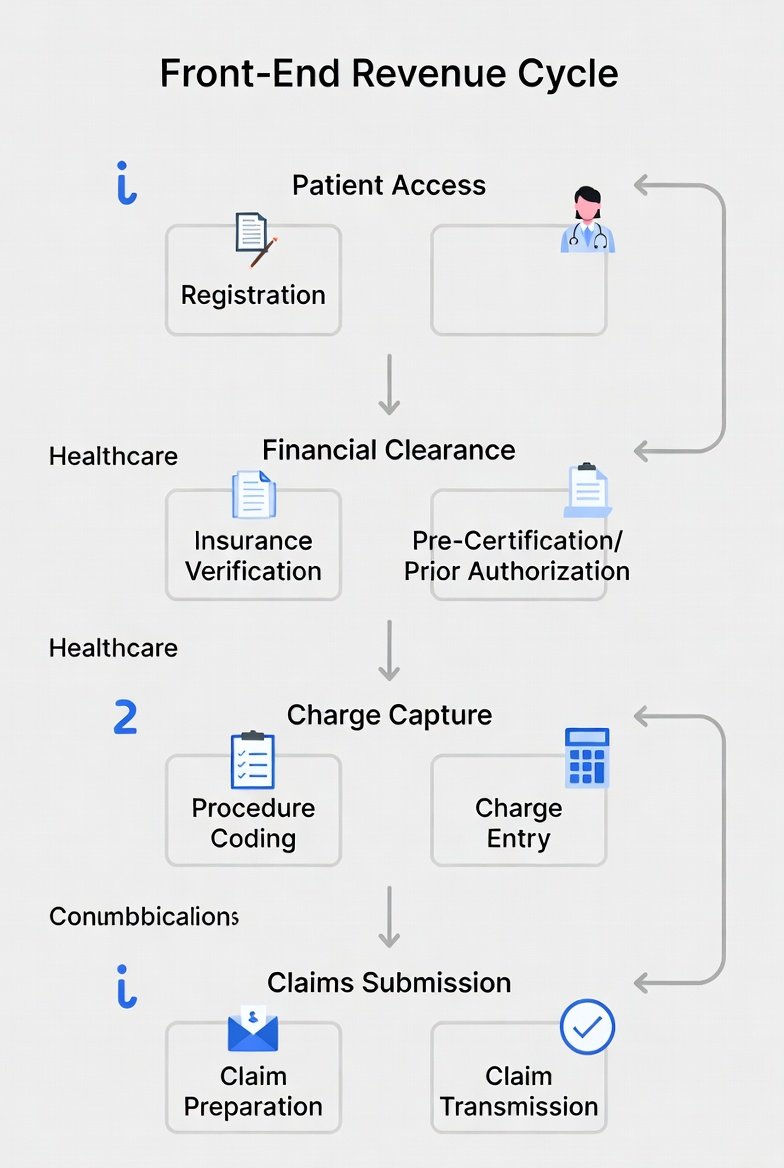 Front-end revenue cycle gate map from scheduling and registration through eligibility, authorization, and financial clearance