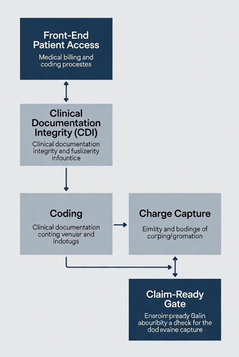 Mid-cycle handoffs from front-end patient access through CDI, coding, charge capture, and claim-ready gate