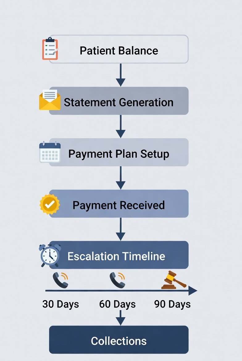 Collections in medical billing showing patient balance workflow, statements, payment plans, and escalation timeline